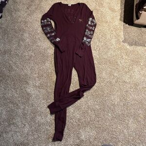 PINK Victoria's Secret Burgundy thermal body suit pajamas